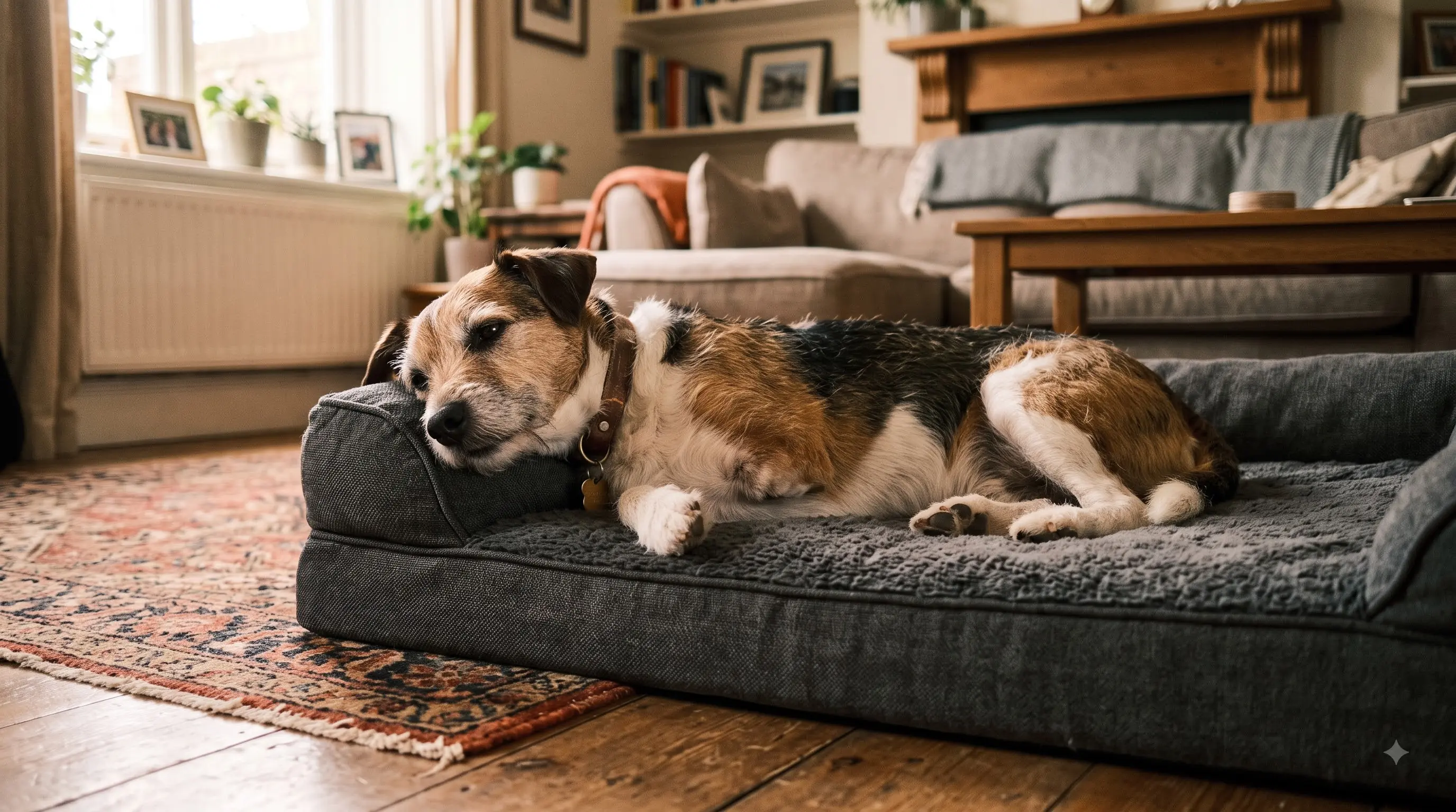 three-legged dog resting contentedly at home