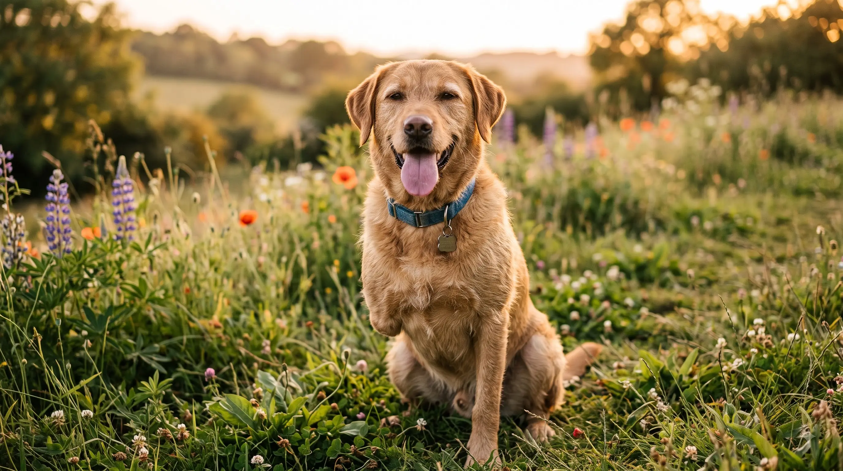 close up portrait of a three-legged dog with a happy relaxed expression