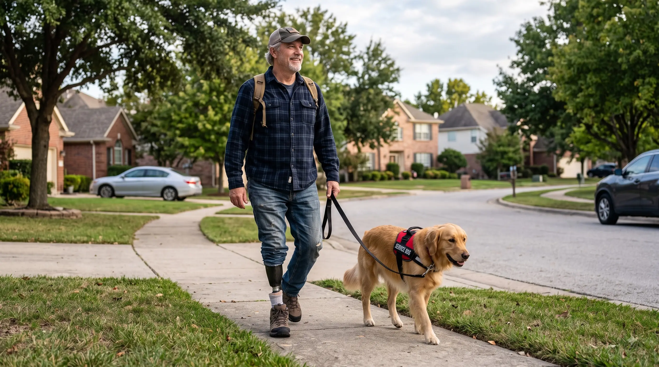 veteran and service dog walking together during a daily routine