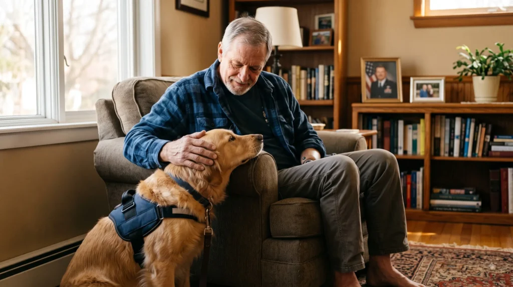 veterans and service dogs sharing a quiet bonded moment