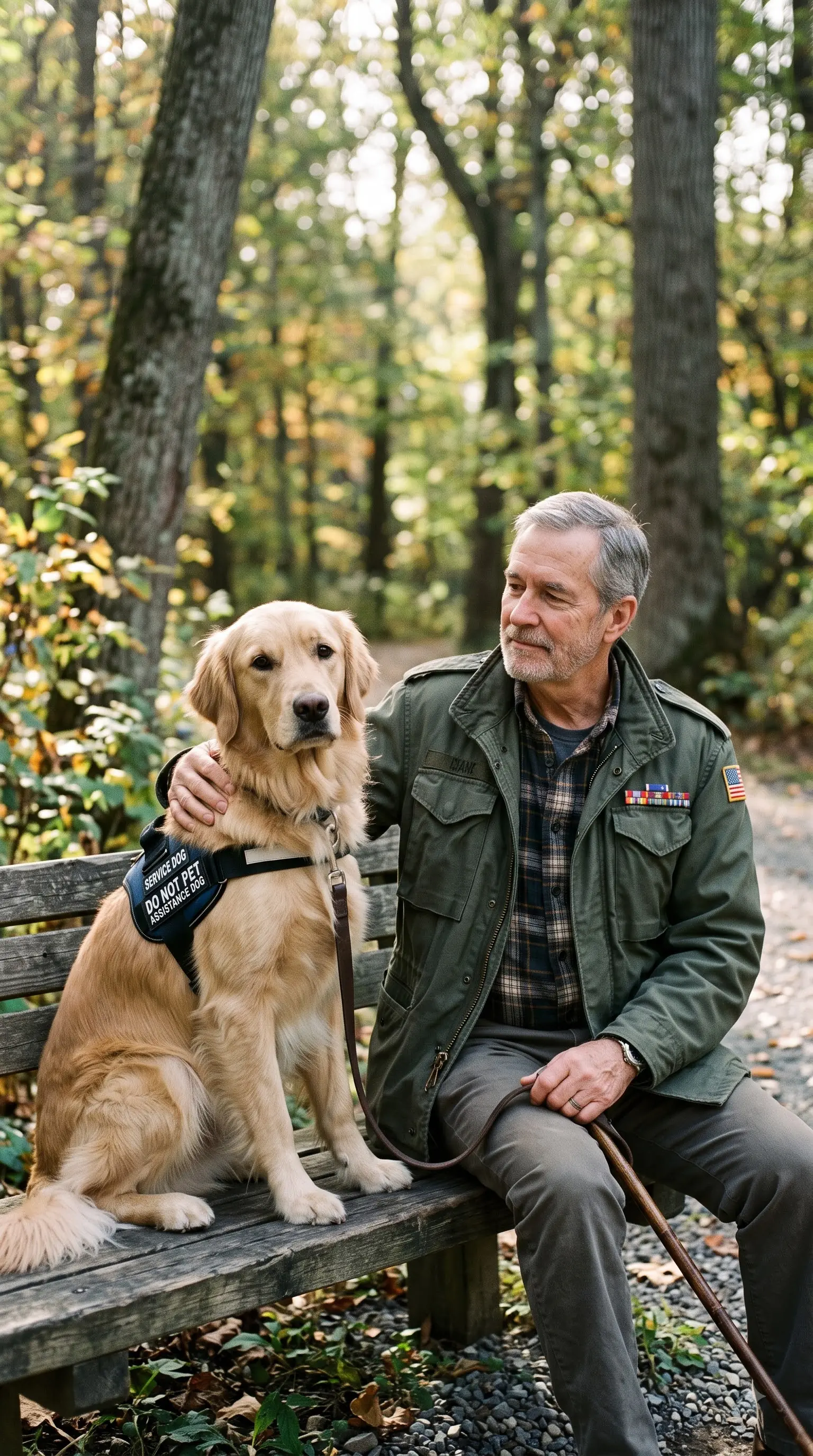 veteran and service dog sharing a peaceful outdoor moment together