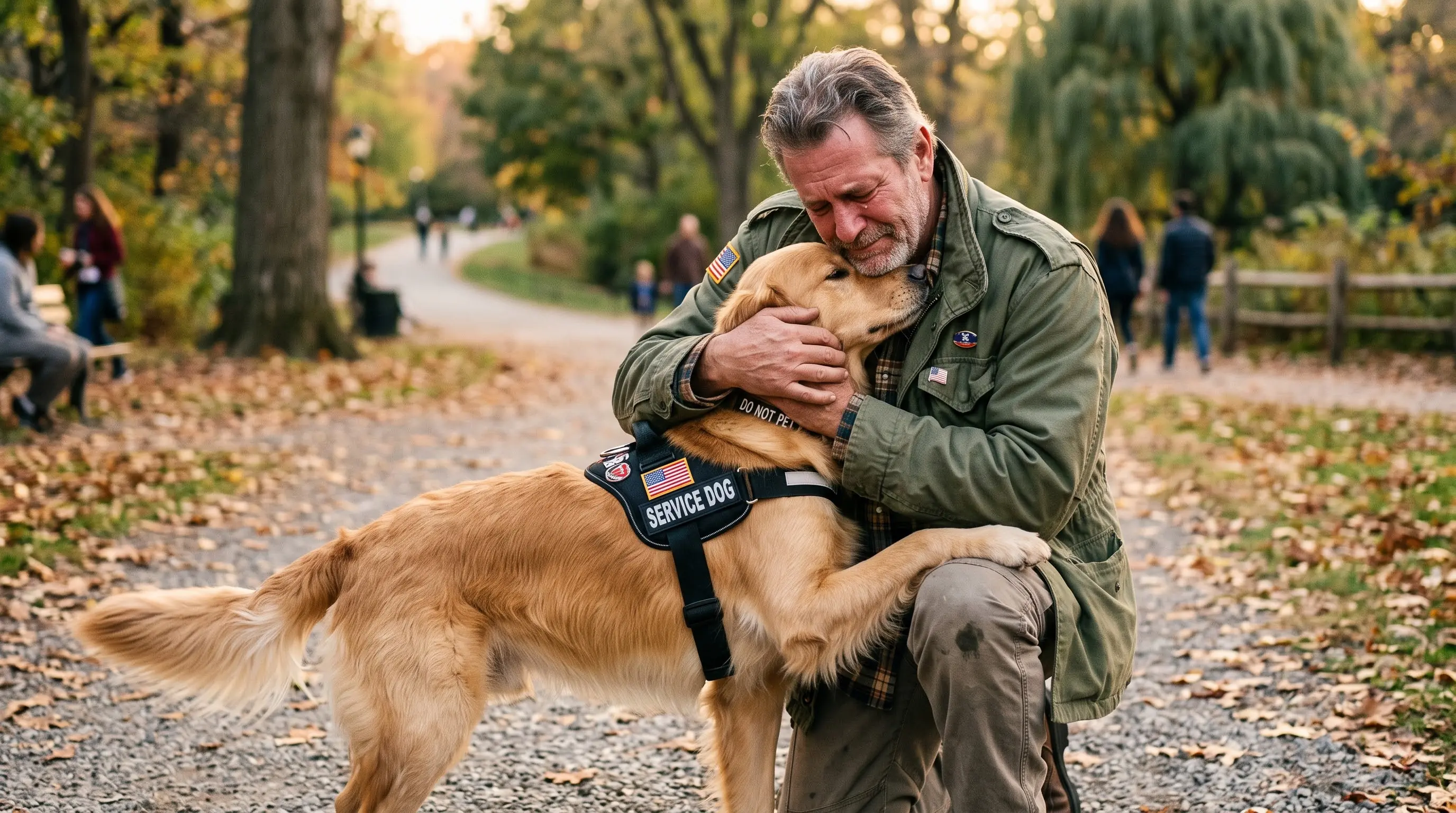 veteran embracing their service dog outdoors