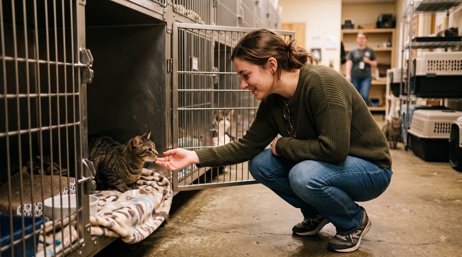 visitor sitting down to connect with a shy shelter cat