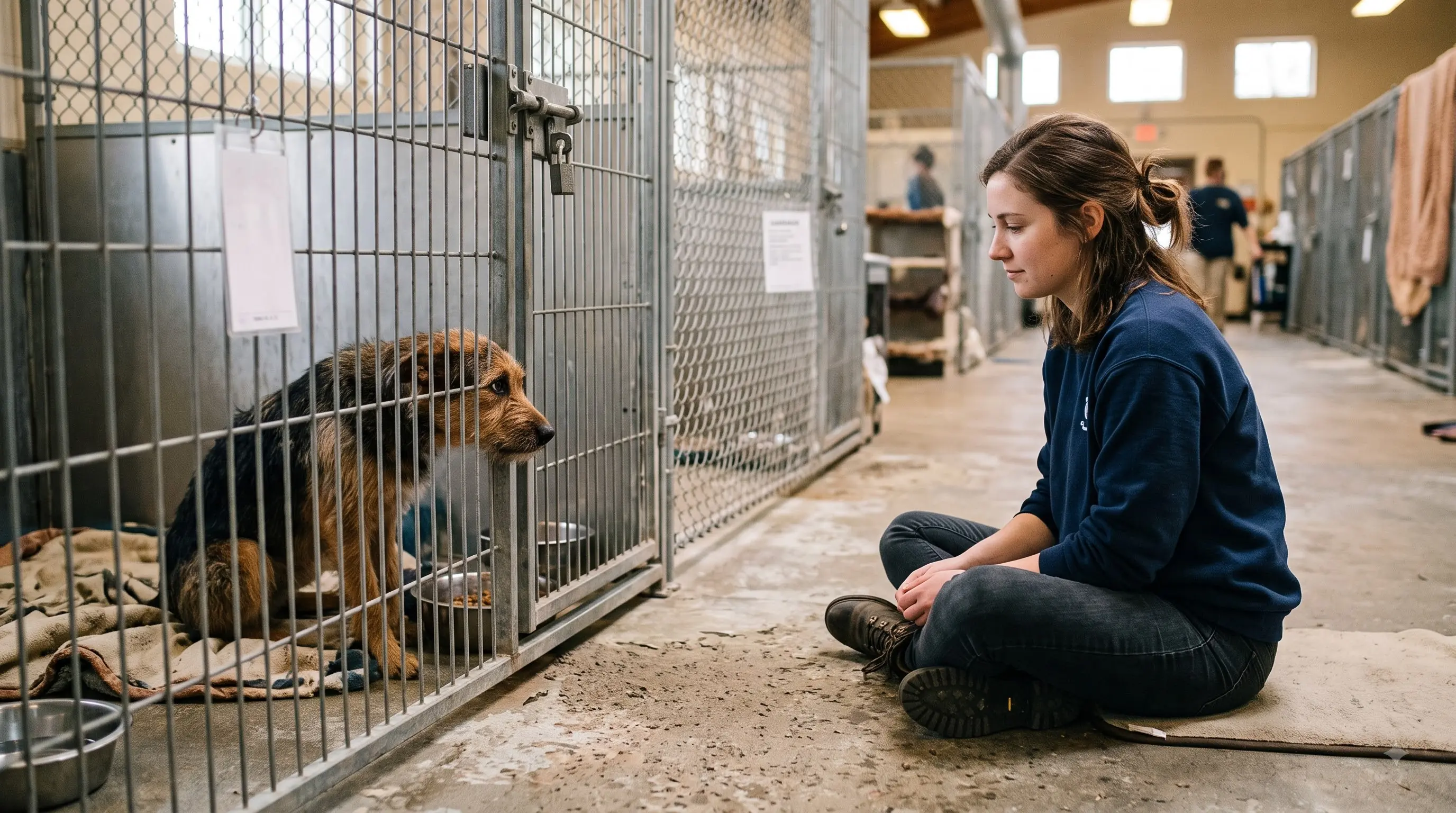 unadoptable dogs cautiously approaching a shelter volunteer