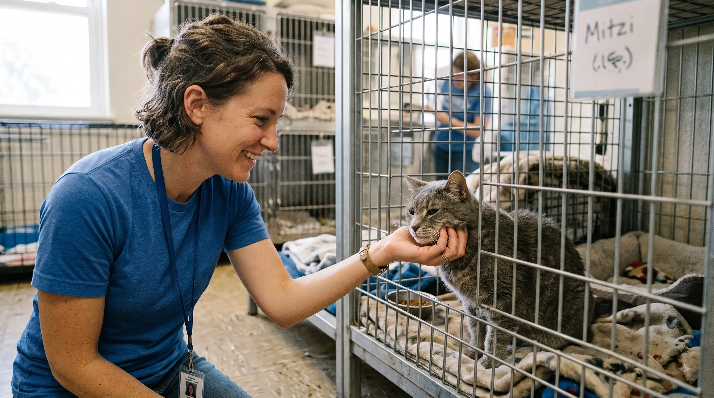 volunteer bonding with a senior cat at an adoption event