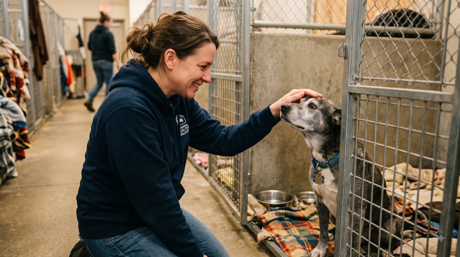 shelter volunteer bonding with a senior rescue dog through the kennel
