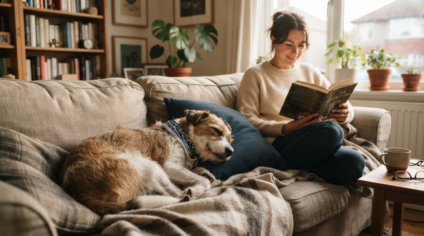 Relaxed scruffy dog curled up on a couch while owner reads nearby