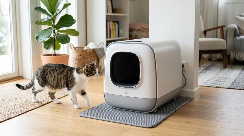 smart AI litter box with curious cat
