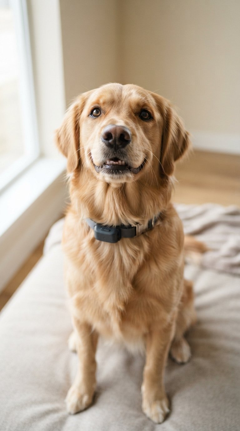 Calm happy dog wearing a smart collar looking up at the camera