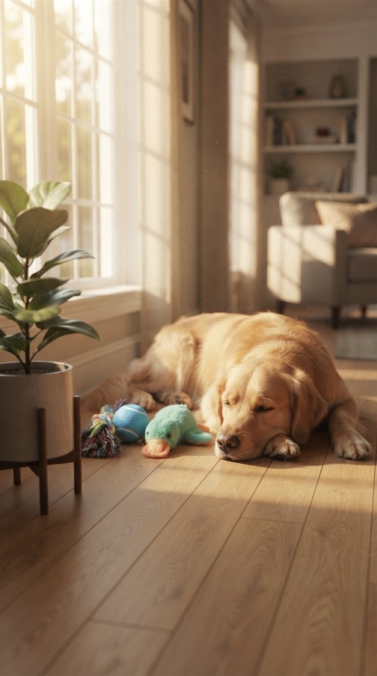 calm relaxed dog resting peacefully at home
