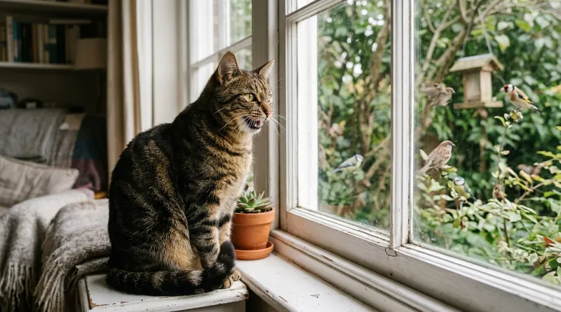 cat chirping at birds through window