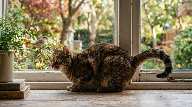 cat crouched focused watching outside window