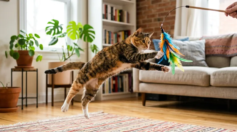 cat playing with feather toy indoors