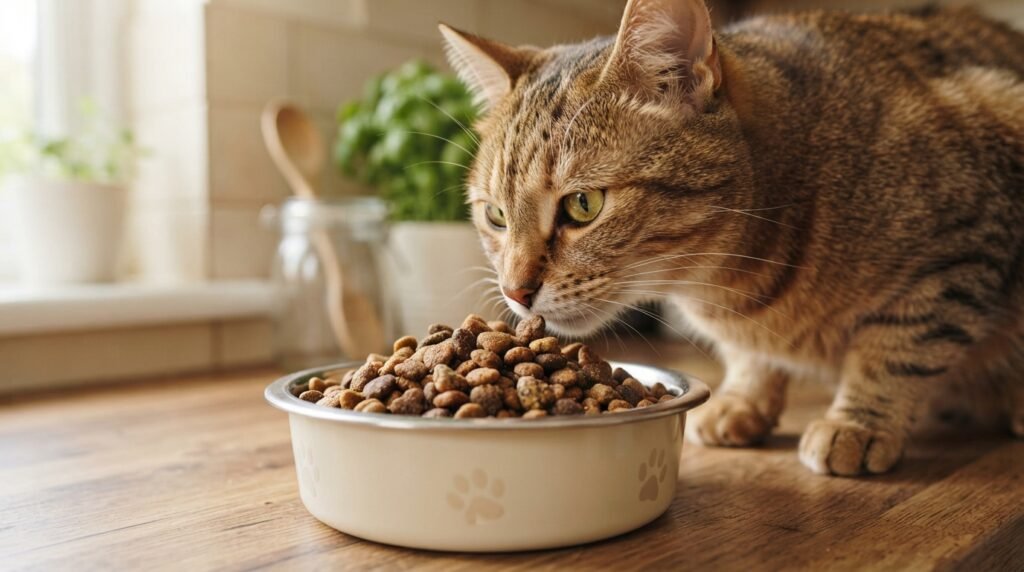 Healthy cat sniffing a bowl of premium cat food kibble in a bright kitchen