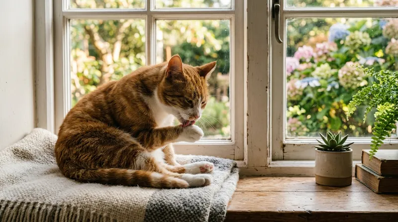 calm cat grooming on windowsill