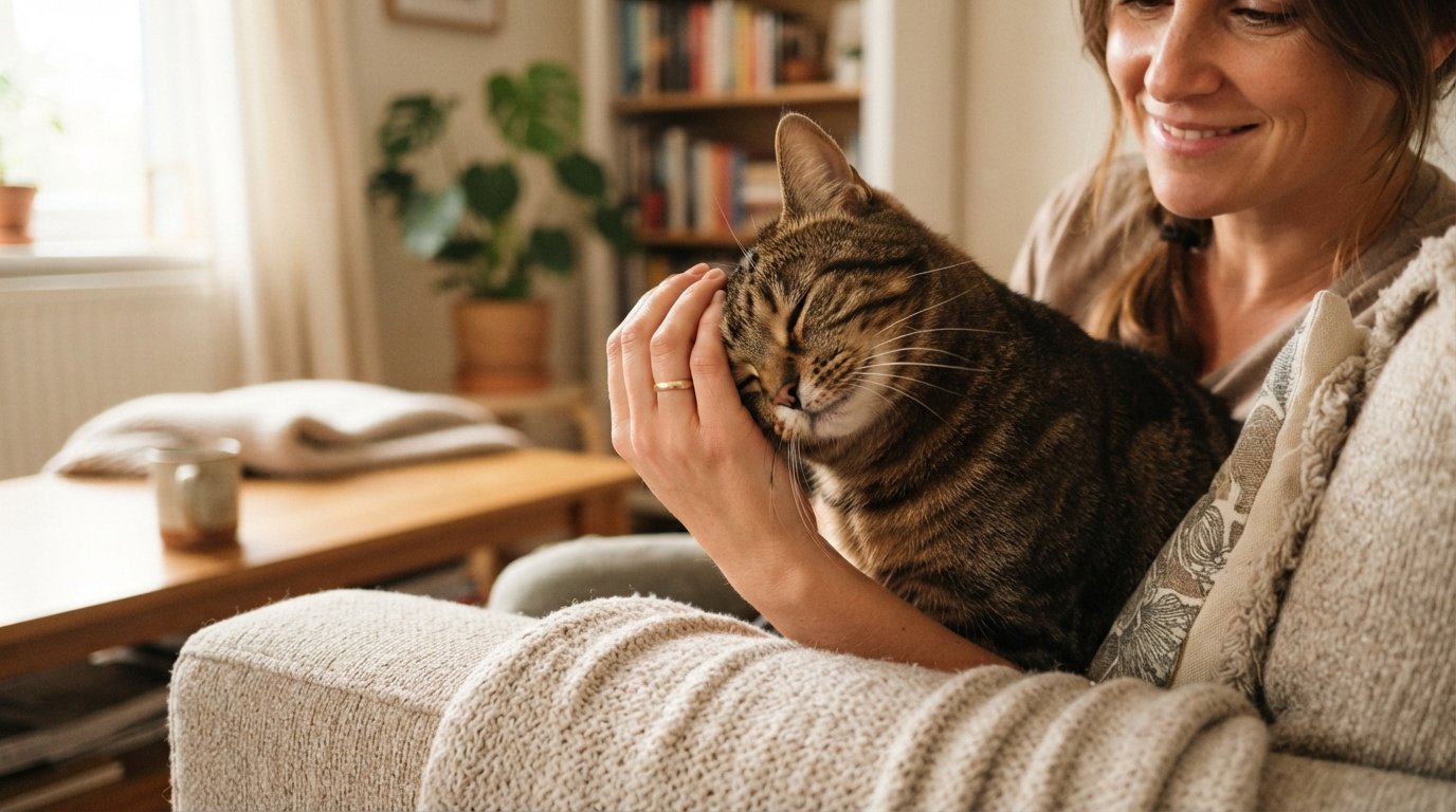 Healthy glossy cat head-bumping affectionately against its owner's hand