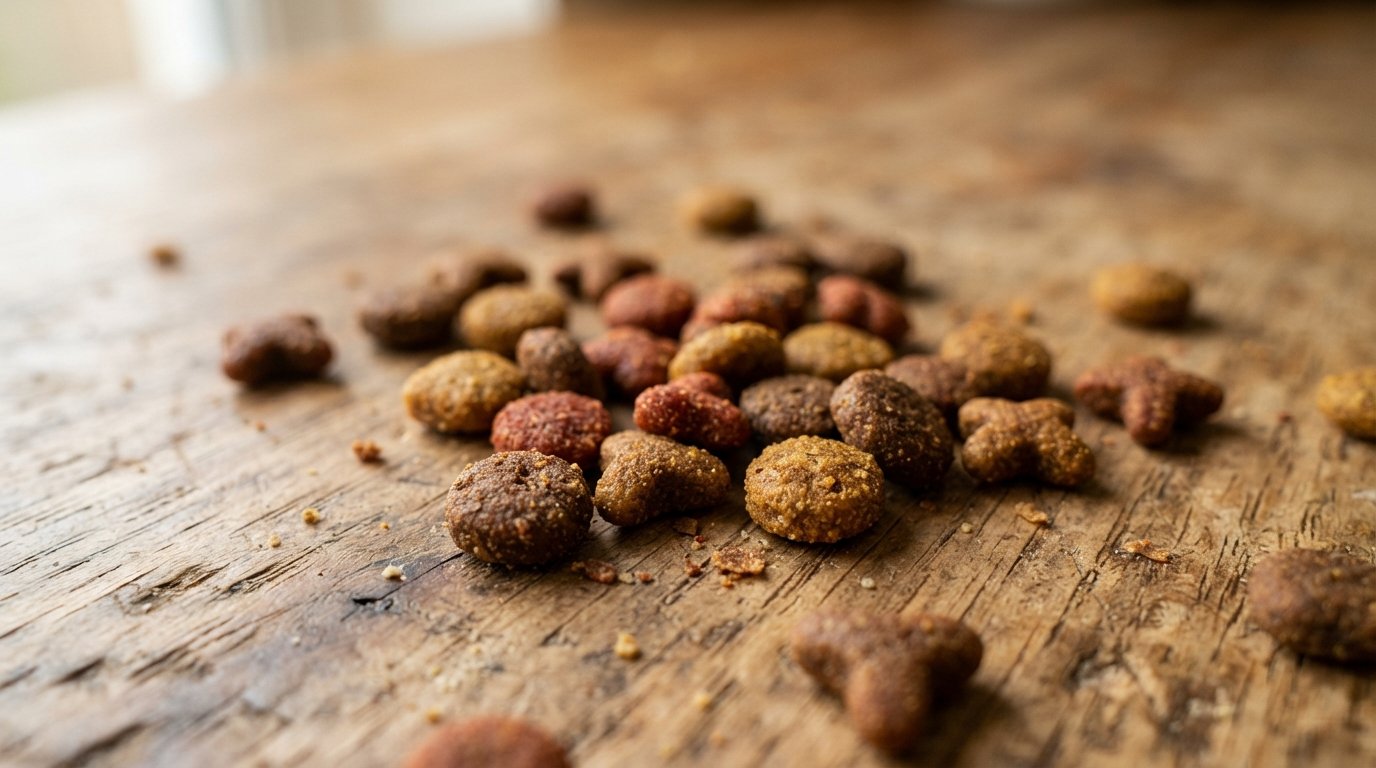 Close-up macro photograph of dry cat kibble pieces scattered on a wooden counter