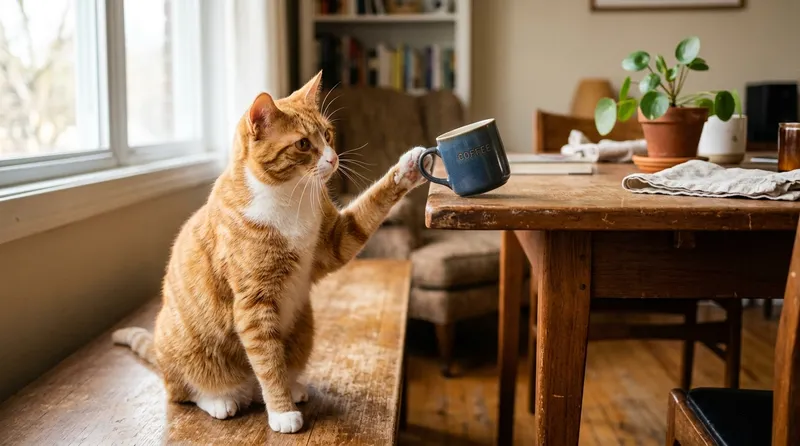 cat about to knock object off table