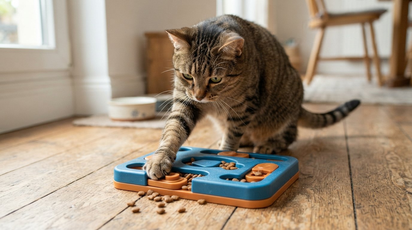Curious tabby cat pawing at a puzzle feeder toy to get kibble out