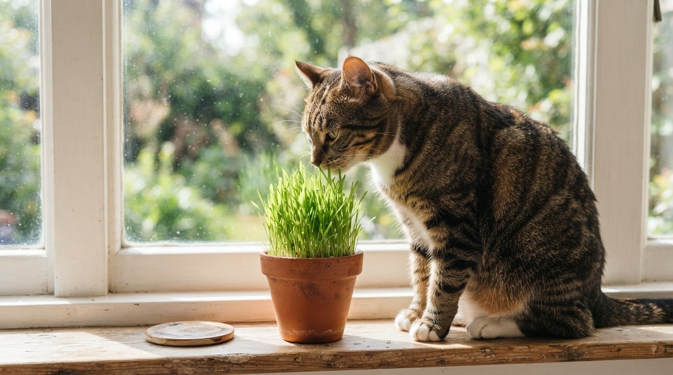 Curious tabby cat sniffing a small pot of fresh cat grass on a sunny windowsill