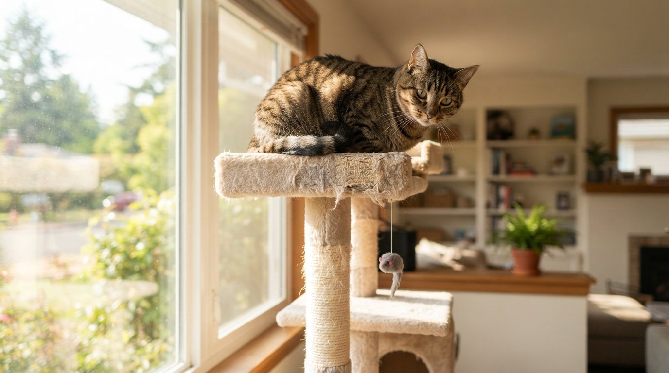 Content tabby cat perched high on a tall cat tree near a sunny window