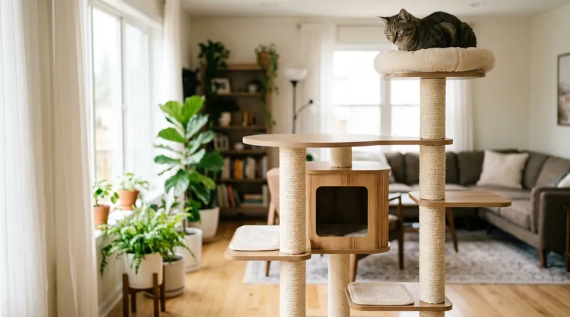 cat perched high on cat tree