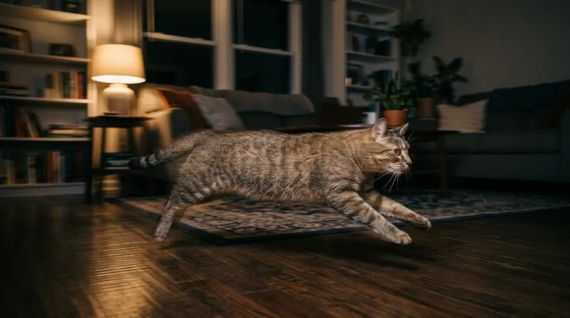 cat running zoomies at night