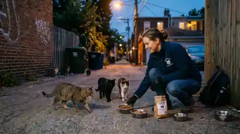 feral cat colonies depend on quiet community heroes - volunteer feeding a group of community cats near an alley