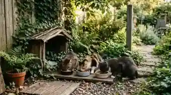 feral cat colonies depend on quiet community heroes - community cats eating peacefully at an outdoor feeding station