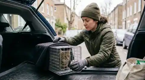 feral cat colonies depend on quiet community heroes - volunteer carefully loading a humane trap carrier for a spay-neuter appointment