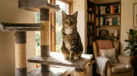 three-legged cat who never missed a beat - cat confidently perched at the top of a tall cat tree