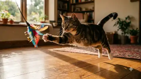 three-legged cat who never missed a beat - cat mid-leap chasing a feather toy showing balance and agility