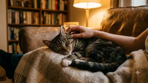 three-legged cat who never missed a beat - cat curled up asleep in owner's lap being petted