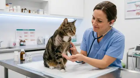 three-legged cat who never missed a beat - veterinarian gently examining the cat during a checkup
