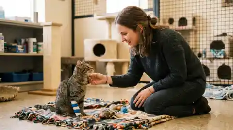 shelter's special needs cats find their perfect match - hopeful adopter meeting a cat with a bandaged leg for the first time