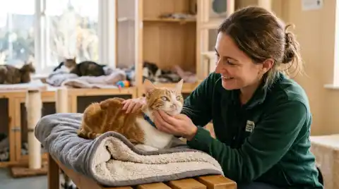 shelter's special needs cats find their perfect match - blind cat being petted gently by a caretaker in a bright room