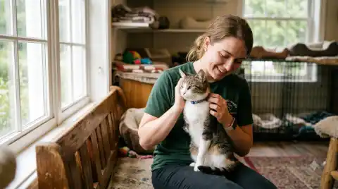 shelter's special needs cats find their perfect match - volunteer gently holding a three-legged cat with warmth and care