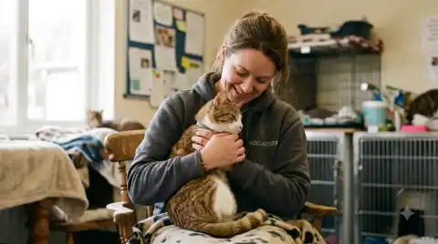shelter's special needs cats find their perfect match - volunteer cradling a special needs cat in a caring embrace