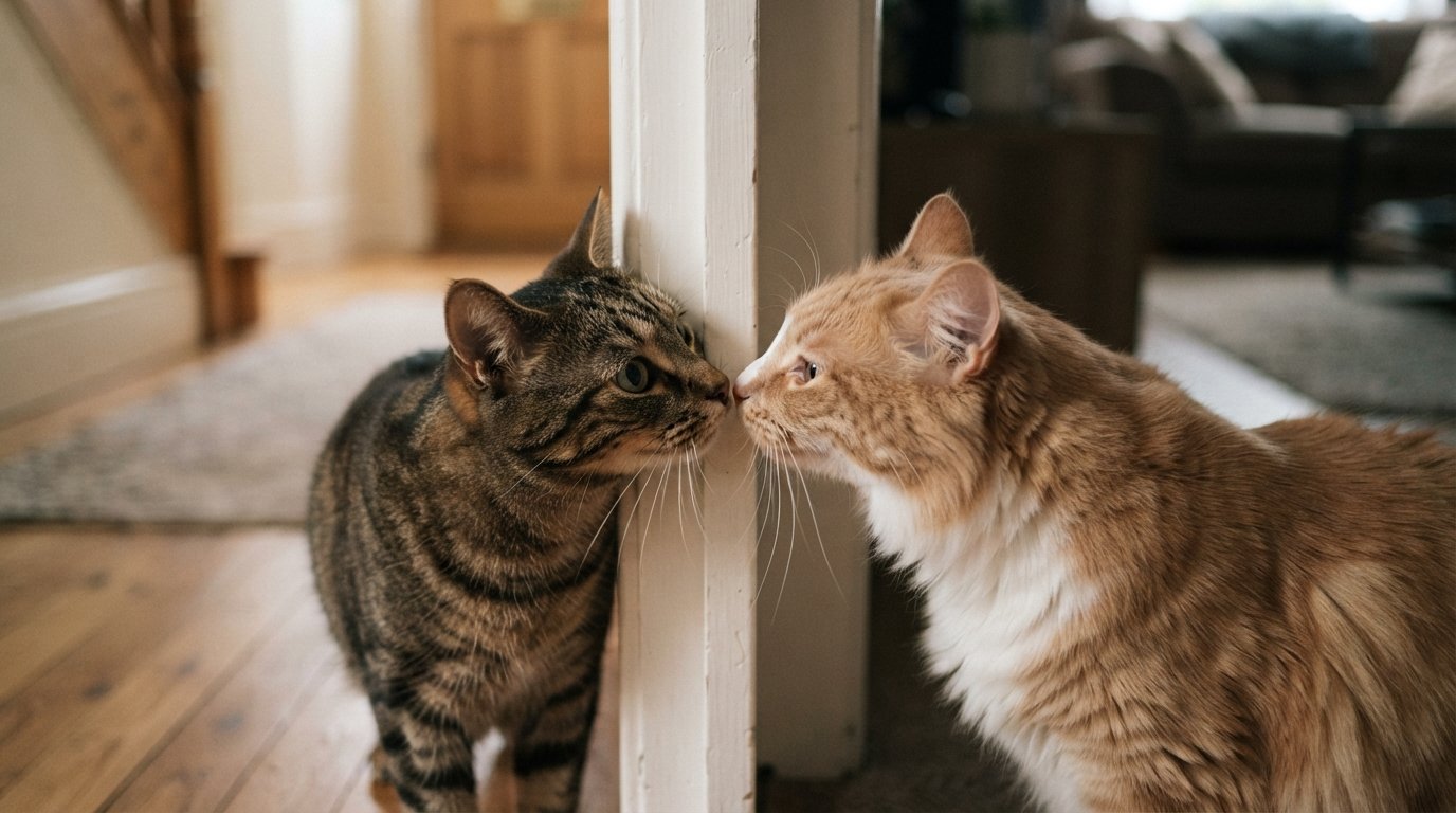 Two cats calmly sniffing each other through a slightly open door gap