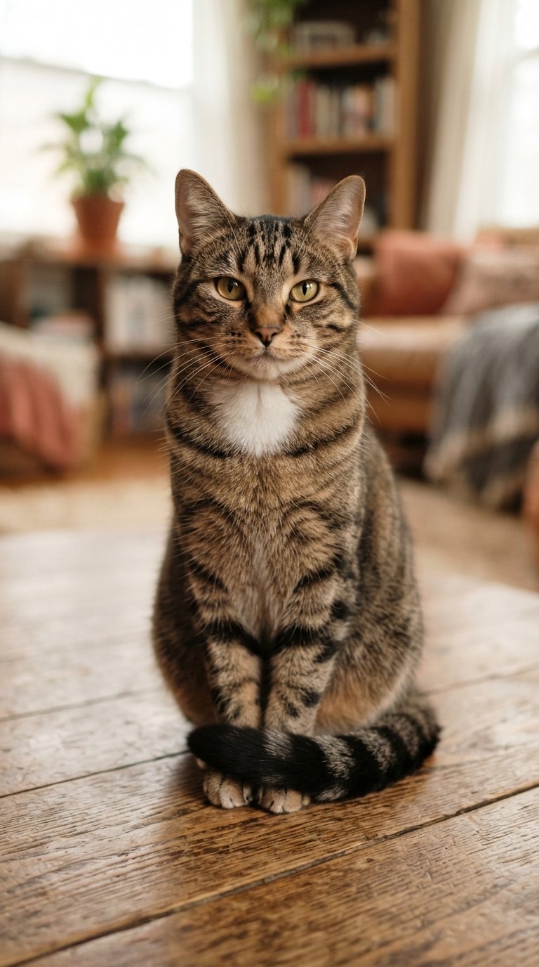Content confident tabby cat sitting upright with tail curled around its paws