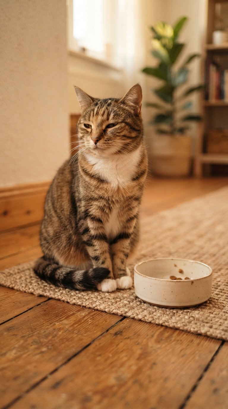 Content healthy cat sitting beside its food bowl after a meal, relaxed posture