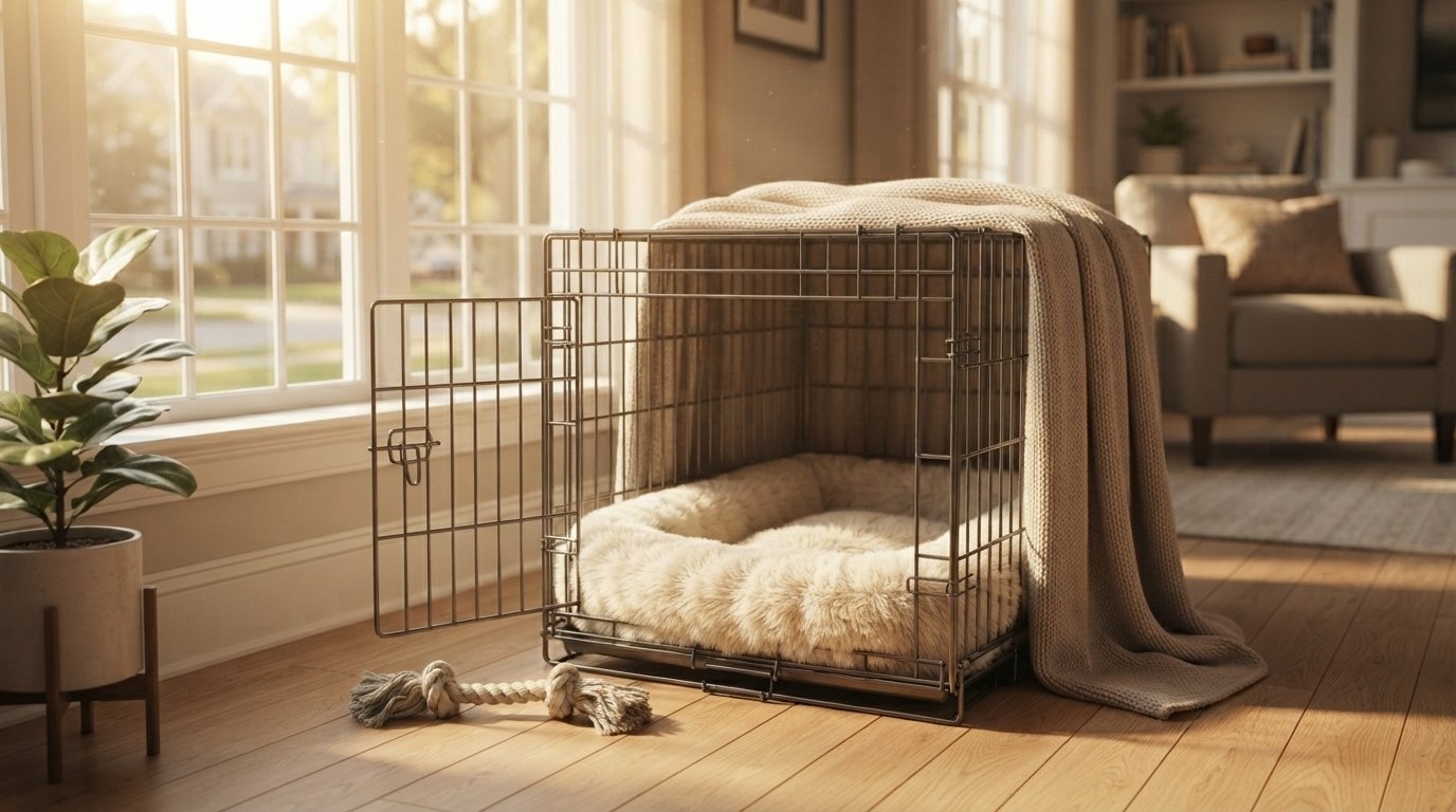 cozy dog crate safe zone near a window