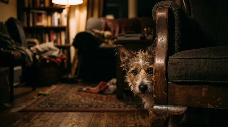 dog hiding behind furniture stressed