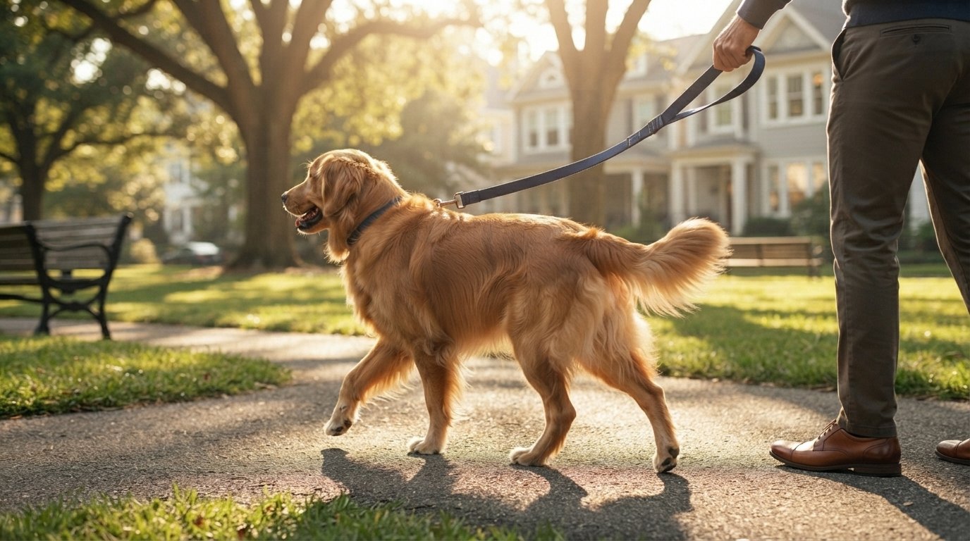 dog on morning walk before owner leaves for work