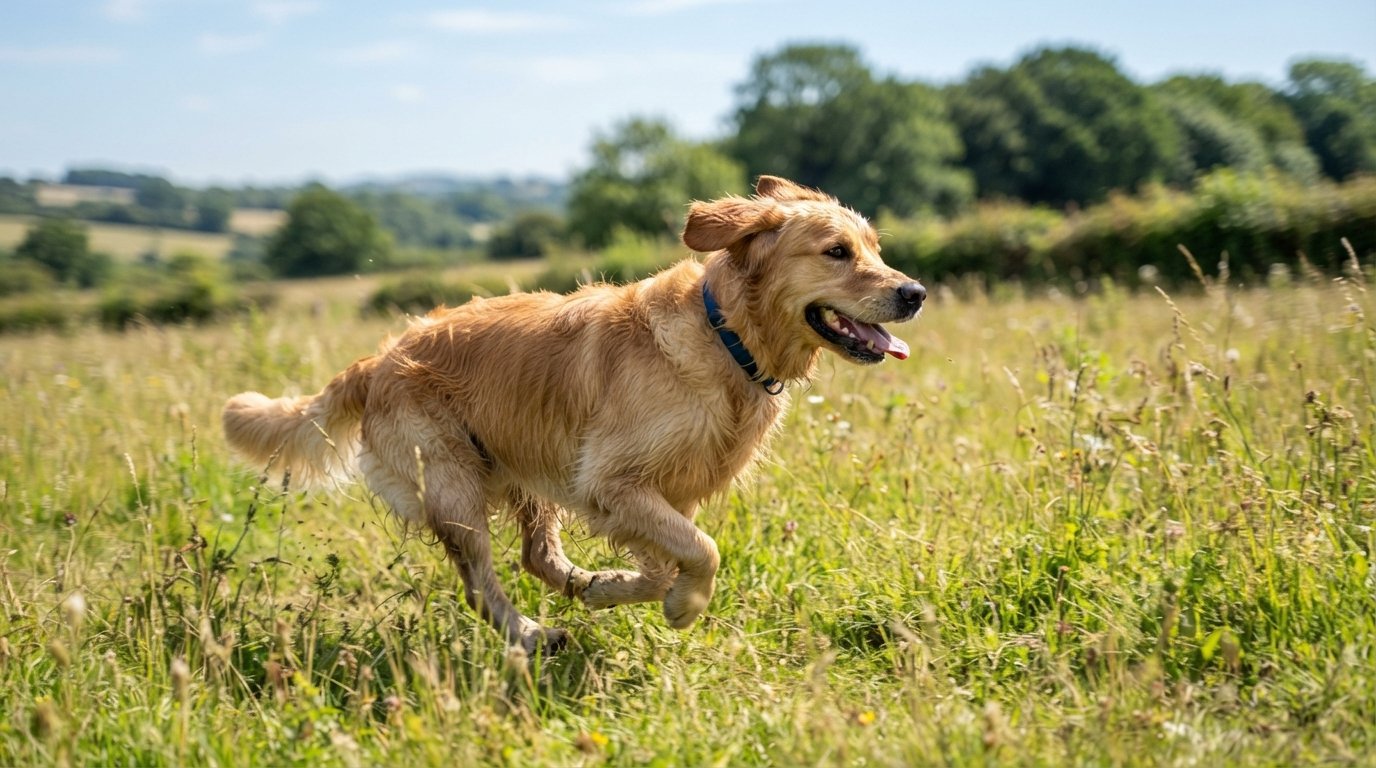 Dog running energetically across a grassy field
