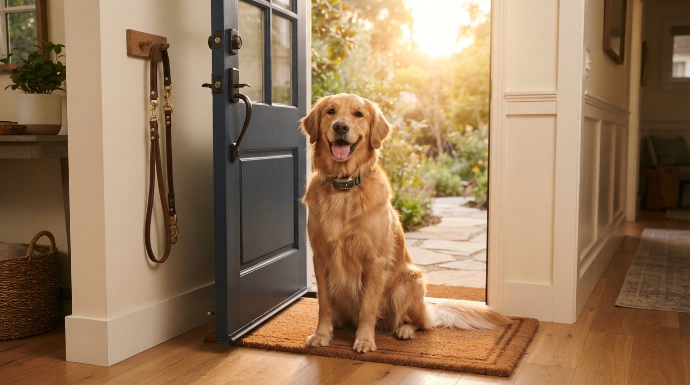 Dog wearing a smart collar sitting by the front door next to a leash