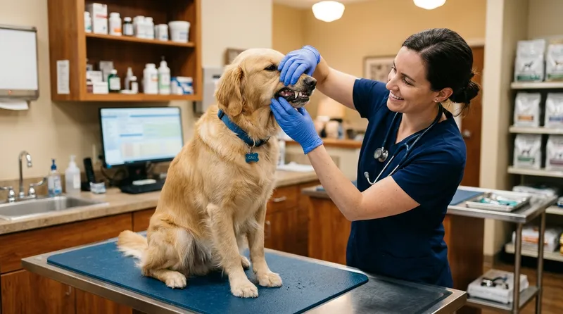 dog receiving routine veterinary checkup
