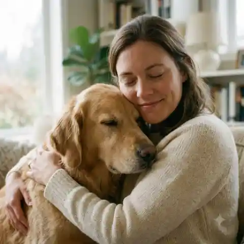 how a dog's loyalty helped one family - dog resting head on woman's shoulder in a tender hug
