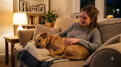 dogs reunited with their families - relieved dog sleeping peacefully on the couch beside its owner