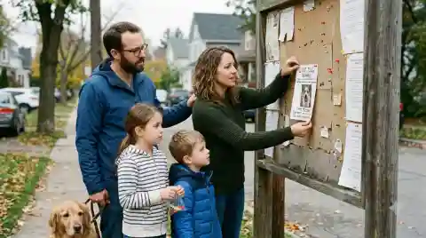 dogs reunited with their families - family posting a lost dog flyer on a neighborhood bulletin board